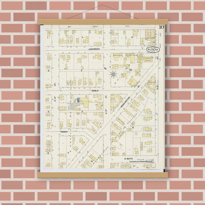 Old map wall art mockup — magnetic wood frame on brick wall — Sanborn Fire Insurance Map from Alpena, Alpena County, Michigan (1890), Sheet #0010