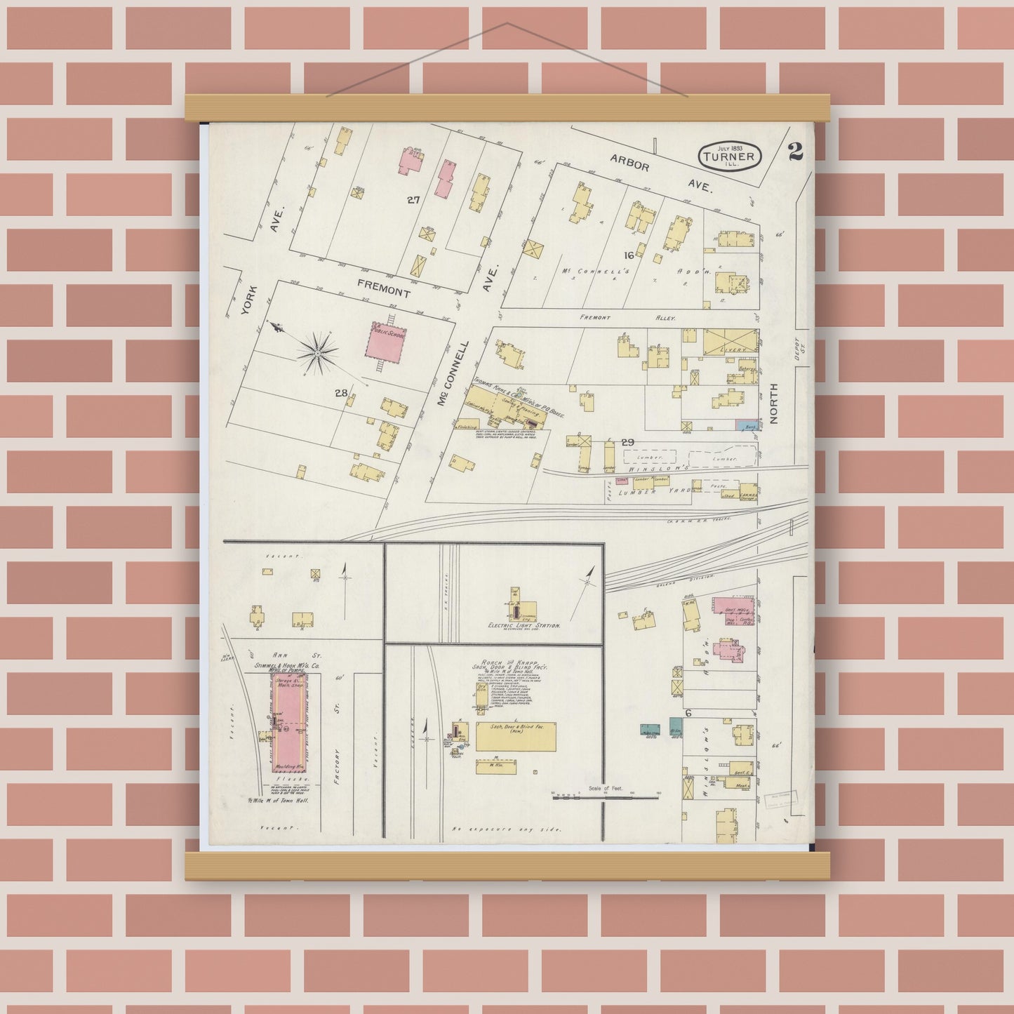 Old map wall art mockup — magnetic wood frame on brick wall — Sanborn Fire Insurance Map from Turner, Du Page County, Illinois (1893), Sheet #0002