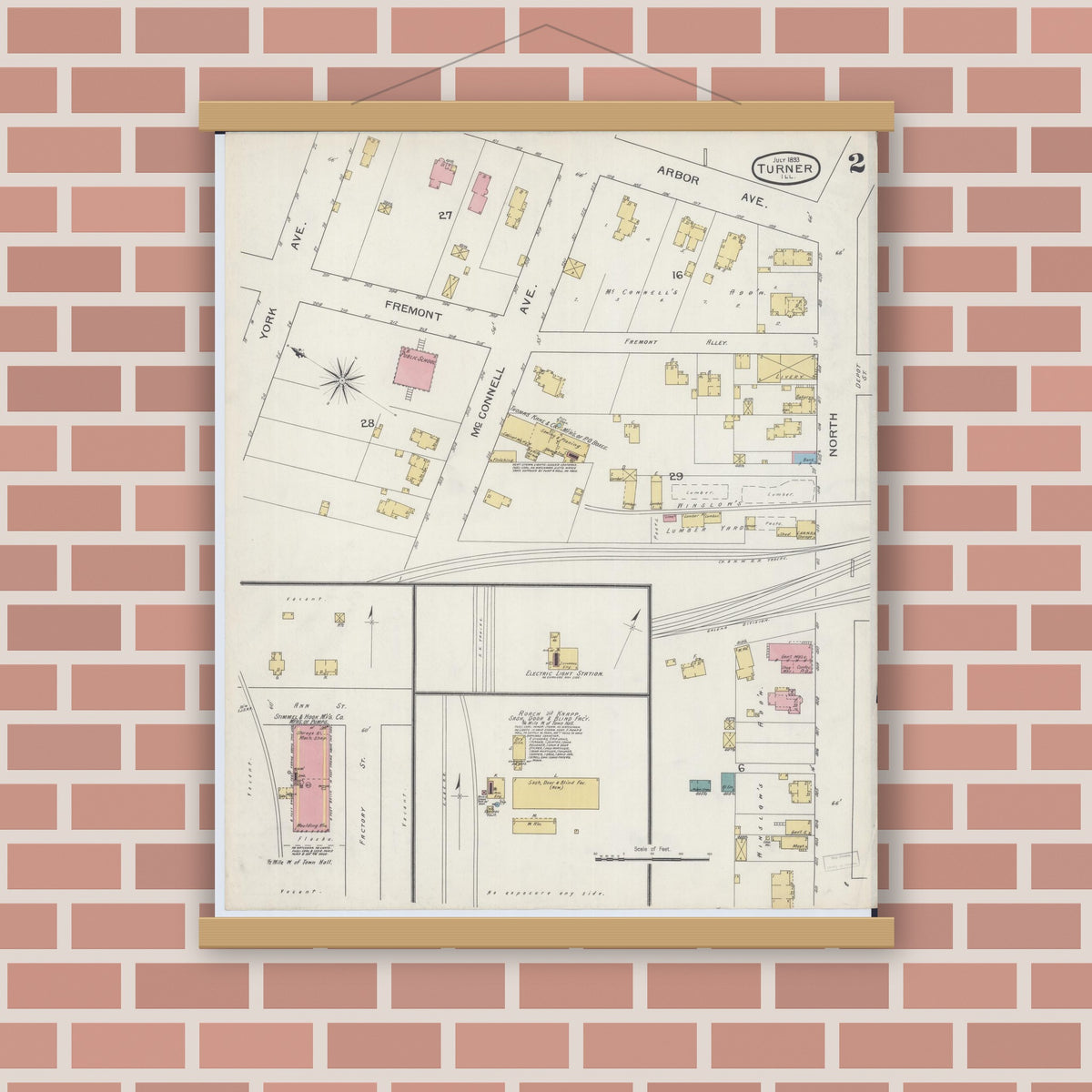 Old map wall art mockup — magnetic wood frame on brick wall — Sanborn Fire Insurance Map from Turner, Du Page County, Illinois (1893), Sheet #0002