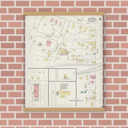 Old map wall art mockup — magnetic wood frame on brick wall — Sanborn Fire Insurance Map from Turner, Du Page County, Illinois (1893), Sheet #0002