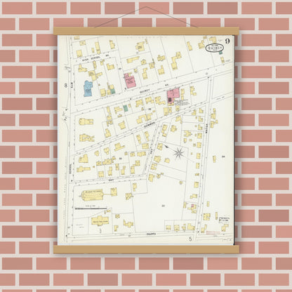 Old map wall art mockup — magnetic wood frame on brick wall — Sanborn Fire Insurance Map from Quincy, Norfolk County, Massachusetts (1896), Sheet #0009