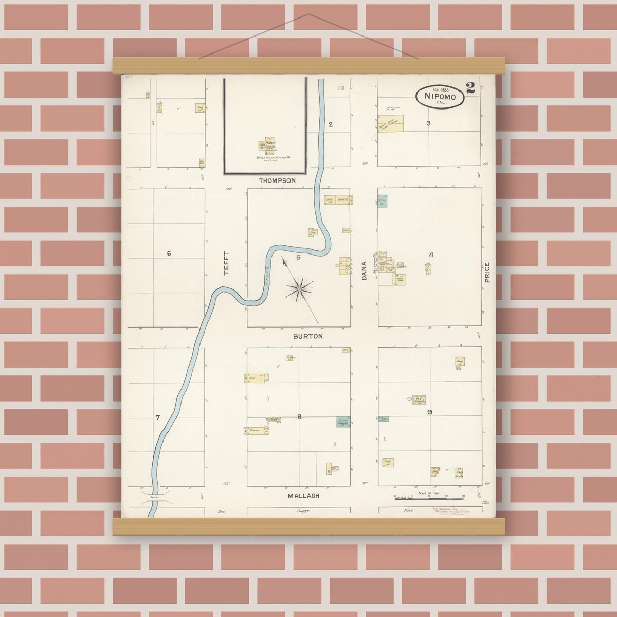 Old map wall art mockup — magnetic wood frame on brick wall — Sanborn Fire Insurance Map from Nipomo, San Luis Obispo County, California (1888), Sheet #0002