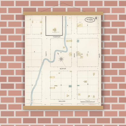 Old map wall art mockup — magnetic wood frame on brick wall — Sanborn Fire Insurance Map from Nipomo, San Luis Obispo County, California (1888), Sheet #0002