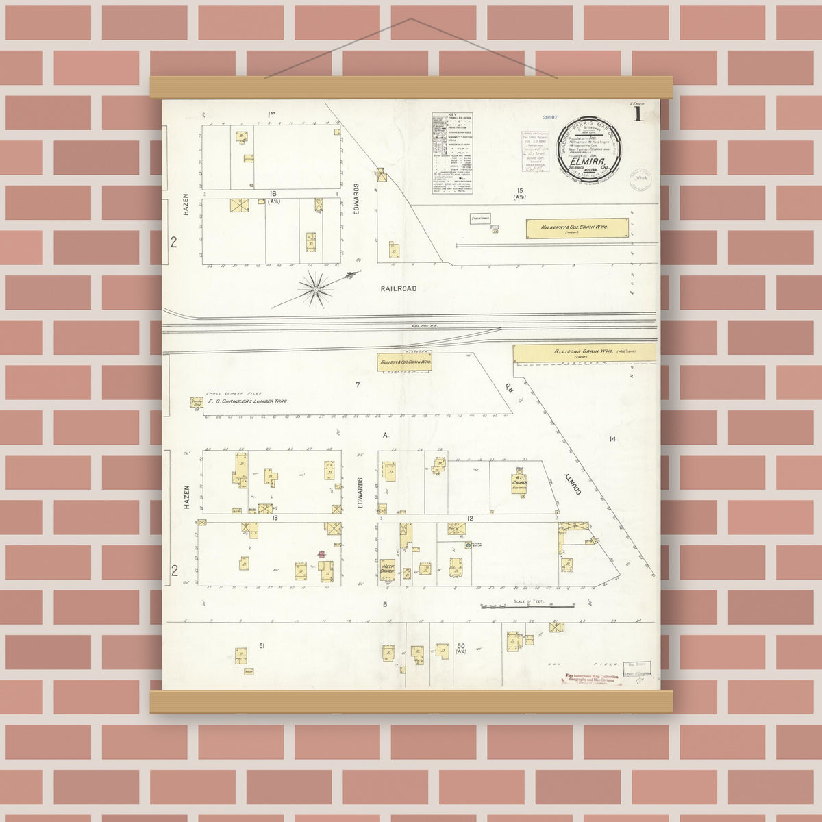 Old map wall art mockup — magnetic wood frame on brick wall — Sanborn Fire Insurance Map from Elmira, Solano County, California (1900) - Complete Map Set