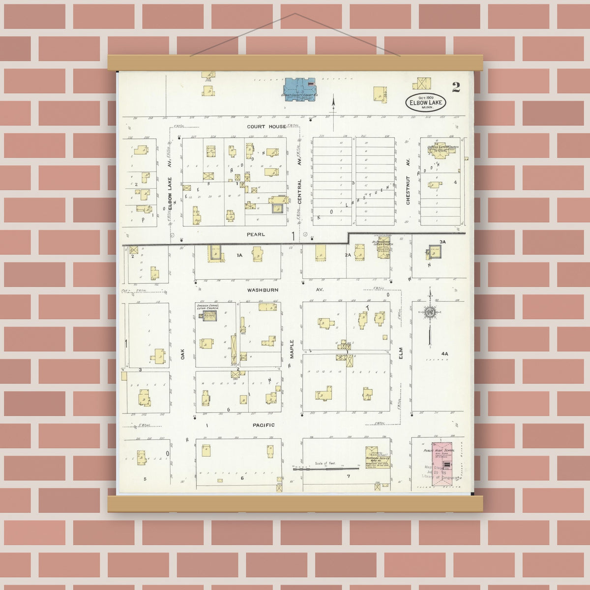 Old map wall art mockup — magnetic wood frame on brick wall — Sanborn Fire Insurance Map from Elbow Lake, Grant County, Minnesota (1909), Sheet #0002