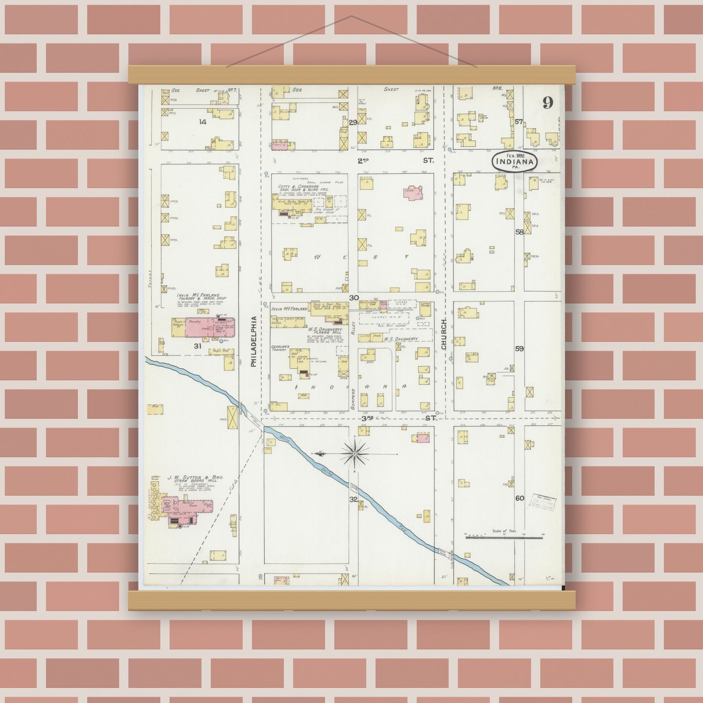 Old map wall art mockup — magnetic wood frame on brick wall — Sanborn Fire Insurance Map from Indiana, Indiana County, Pennsylvania (1892), Sheet #0009