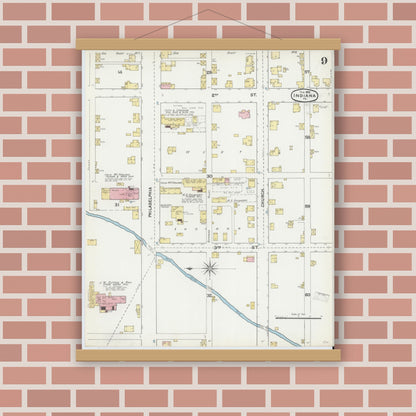 Old map wall art mockup — magnetic wood frame on brick wall — Sanborn Fire Insurance Map from Indiana, Indiana County, Pennsylvania (1892), Sheet #0009
