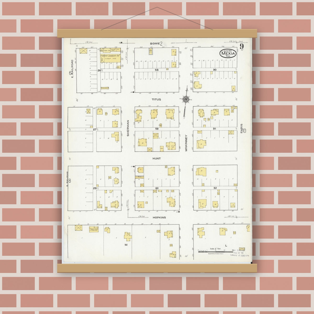 Old map wall art mockup — magnetic wood frame on brick wall — Sanborn Fire Insurance Map from Mexia, Limestone County, Texas (1921), Sheet #0009
