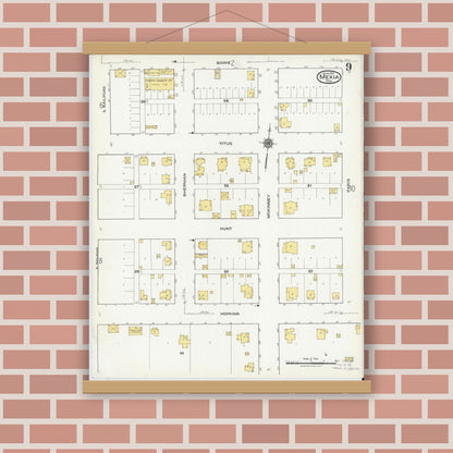 Old map wall art mockup — magnetic wood frame on brick wall — Sanborn Fire Insurance Map from Mexia, Limestone County, Texas (1921), Sheet #0009
