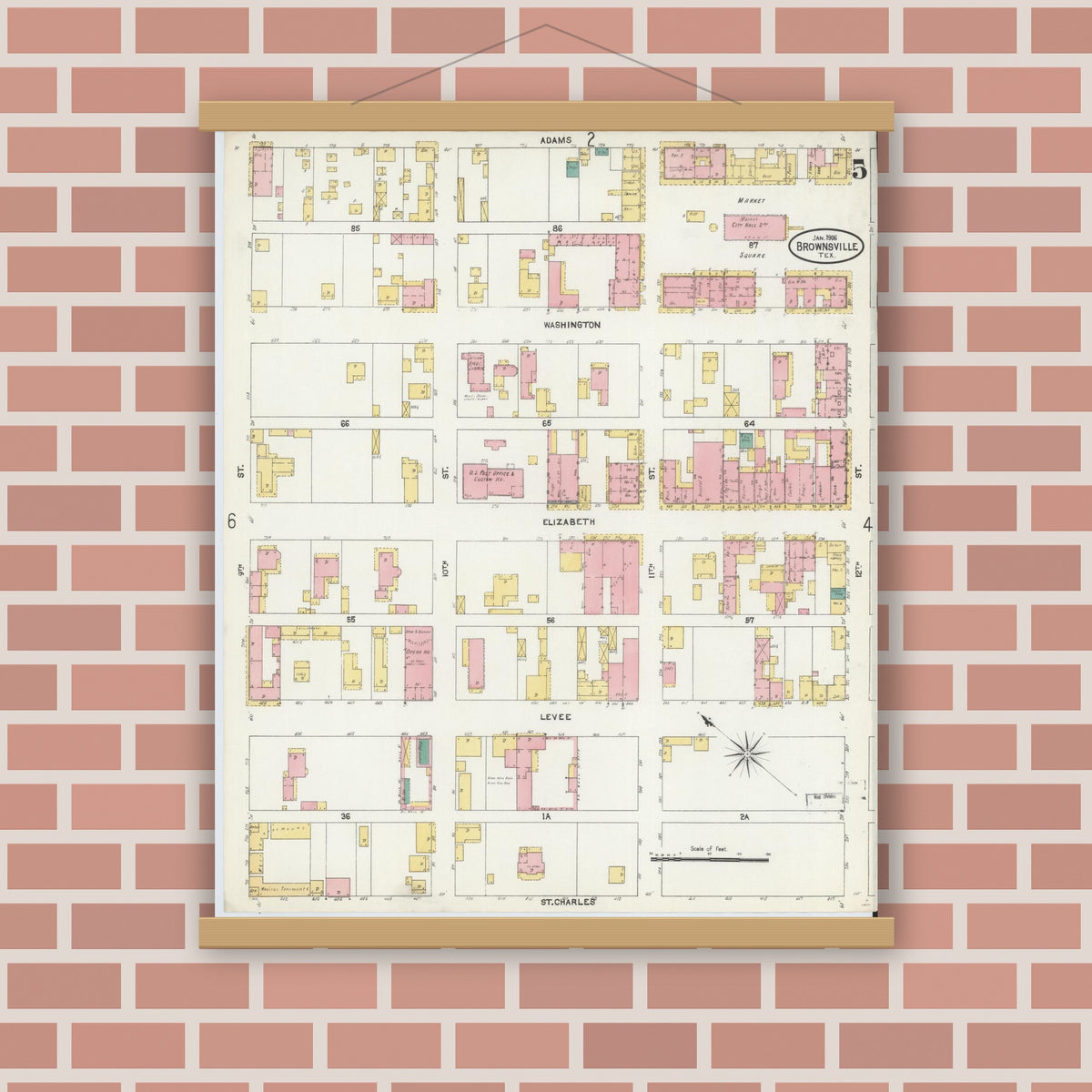 Old map wall art mockup — magnetic wood frame on brick wall — Sanborn Fire Insurance Map from Brownsville, Cameron County, Texas (1906), Sheet #0005