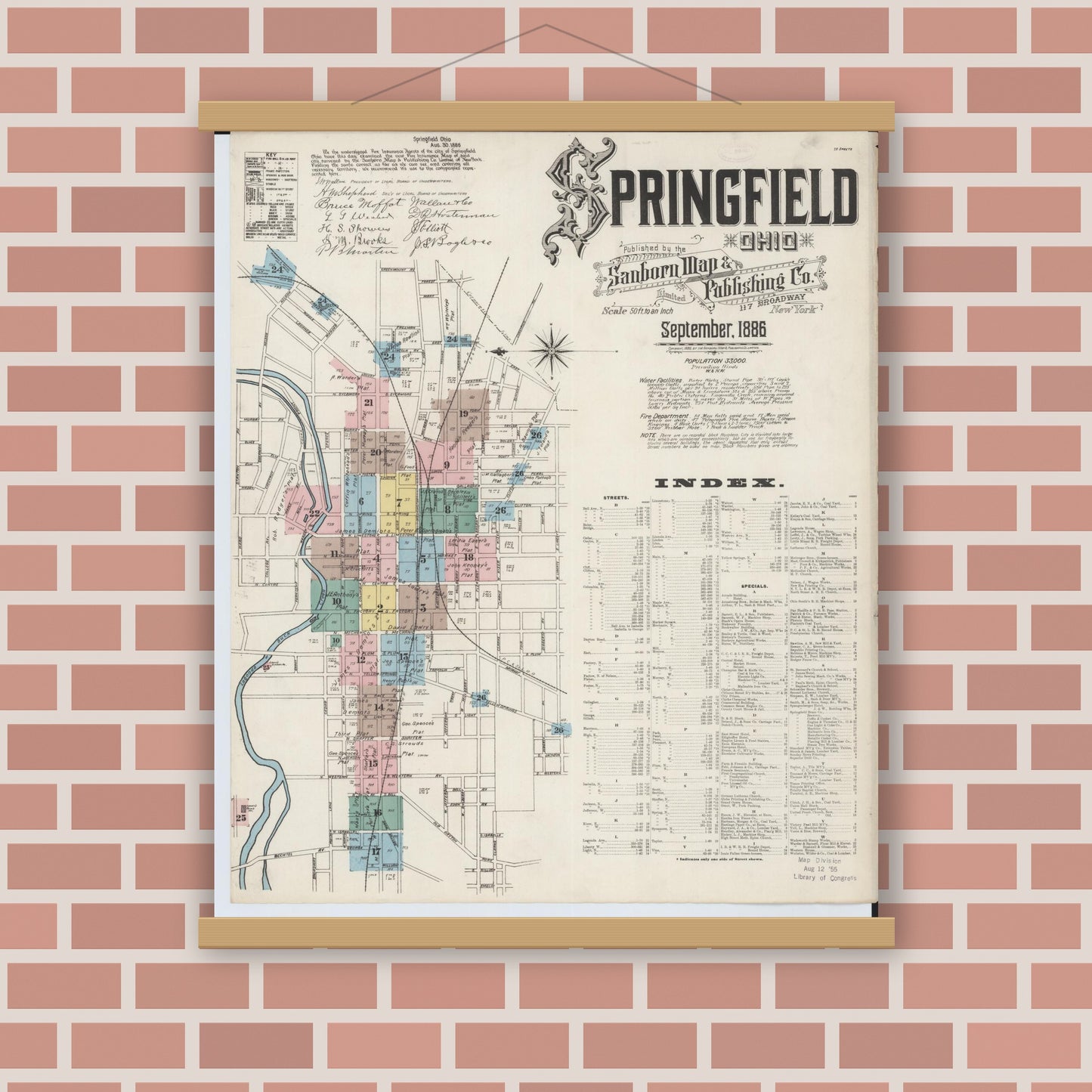 Old map wall art mockup — magnetic wood frame on brick wall — Sanborn Fire Insurance Map from Springfield, Clark County, Ohio (1886) - Complete Map Set