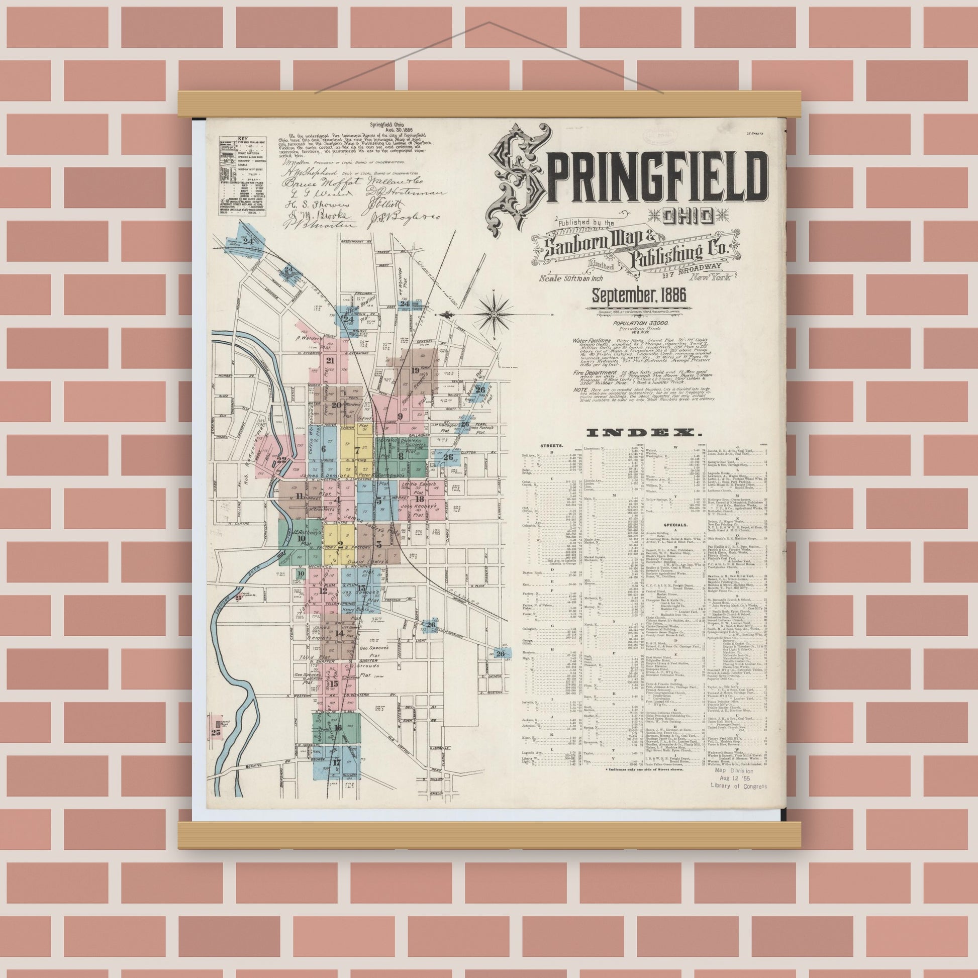 Old map wall art mockup — magnetic wood frame on brick wall — Sanborn Fire Insurance Map from Springfield, Clark County, Ohio (1886) - Complete Map Set