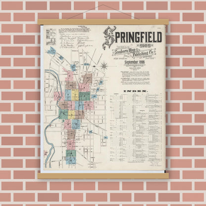 Old map wall art mockup — magnetic wood frame on brick wall — Sanborn Fire Insurance Map from Springfield, Clark County, Ohio (1886) - Complete Map Set