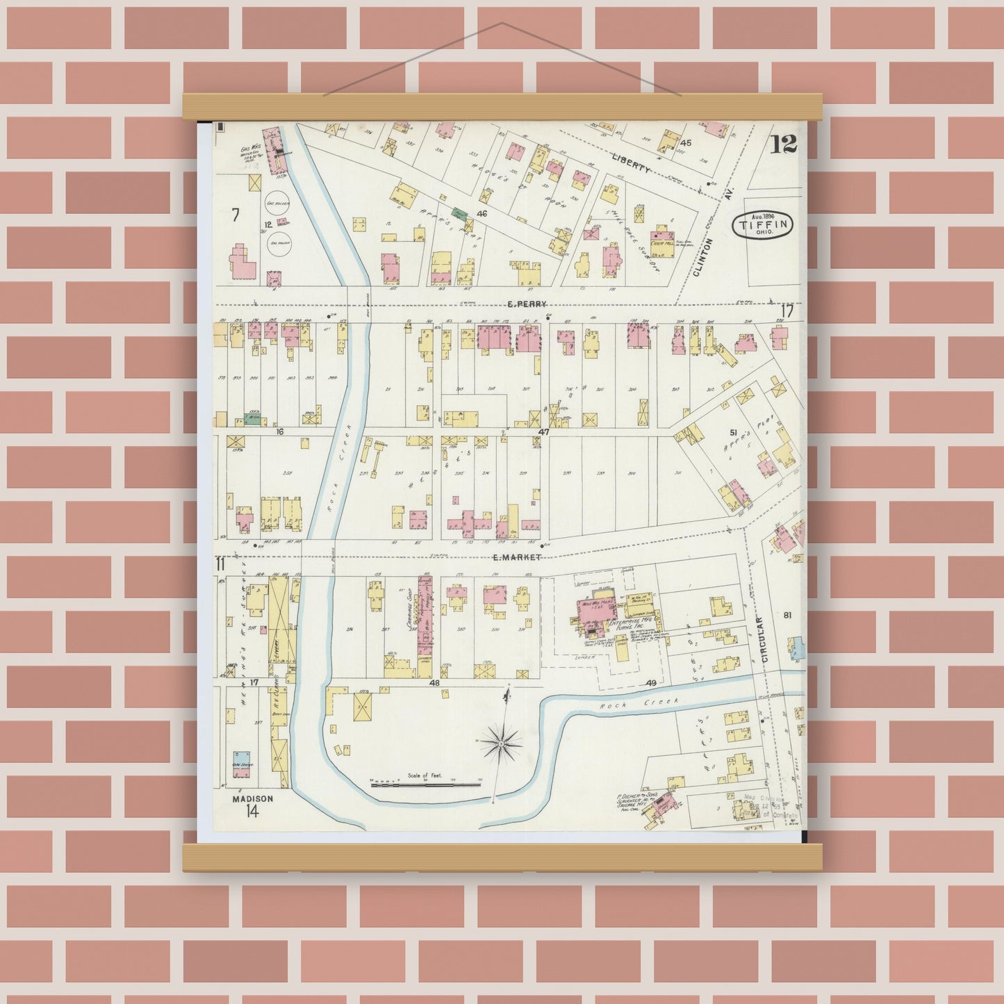 Old map wall art mockup — magnetic wood frame on brick wall — Sanborn Fire Insurance Map from Tiffin, Seneca County, Ohio (1896), Sheet #0012