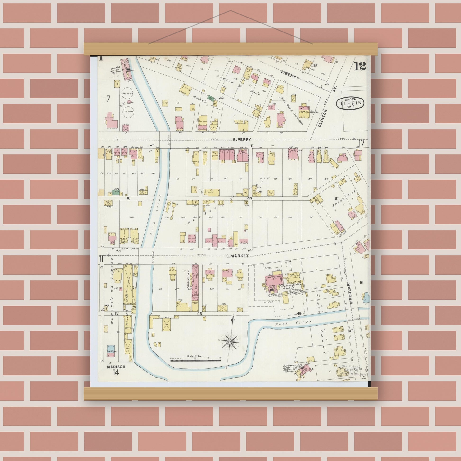Old map wall art mockup — magnetic wood frame on brick wall — Sanborn Fire Insurance Map from Tiffin, Seneca County, Ohio (1896), Sheet #0012