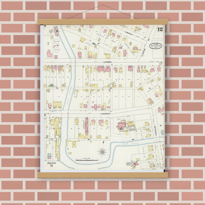 Old map wall art mockup — magnetic wood frame on brick wall — Sanborn Fire Insurance Map from Tiffin, Seneca County, Ohio (1896), Sheet #0012