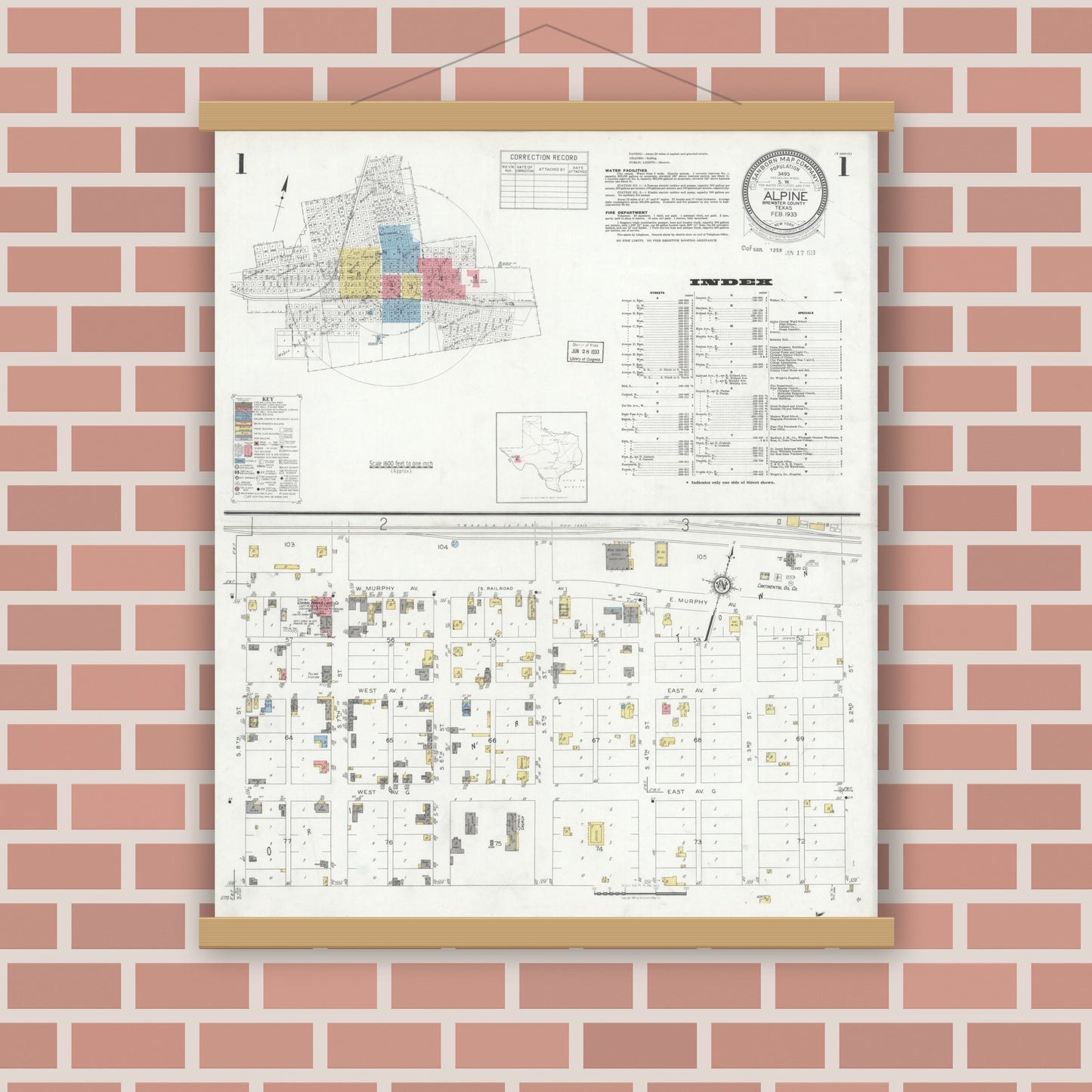 Old map wall art mockup — magnetic wood frame on brick wall — Sanborn Fire Insurance Map from Alpine, Brewster County, Texas (1933), Sheet #0001