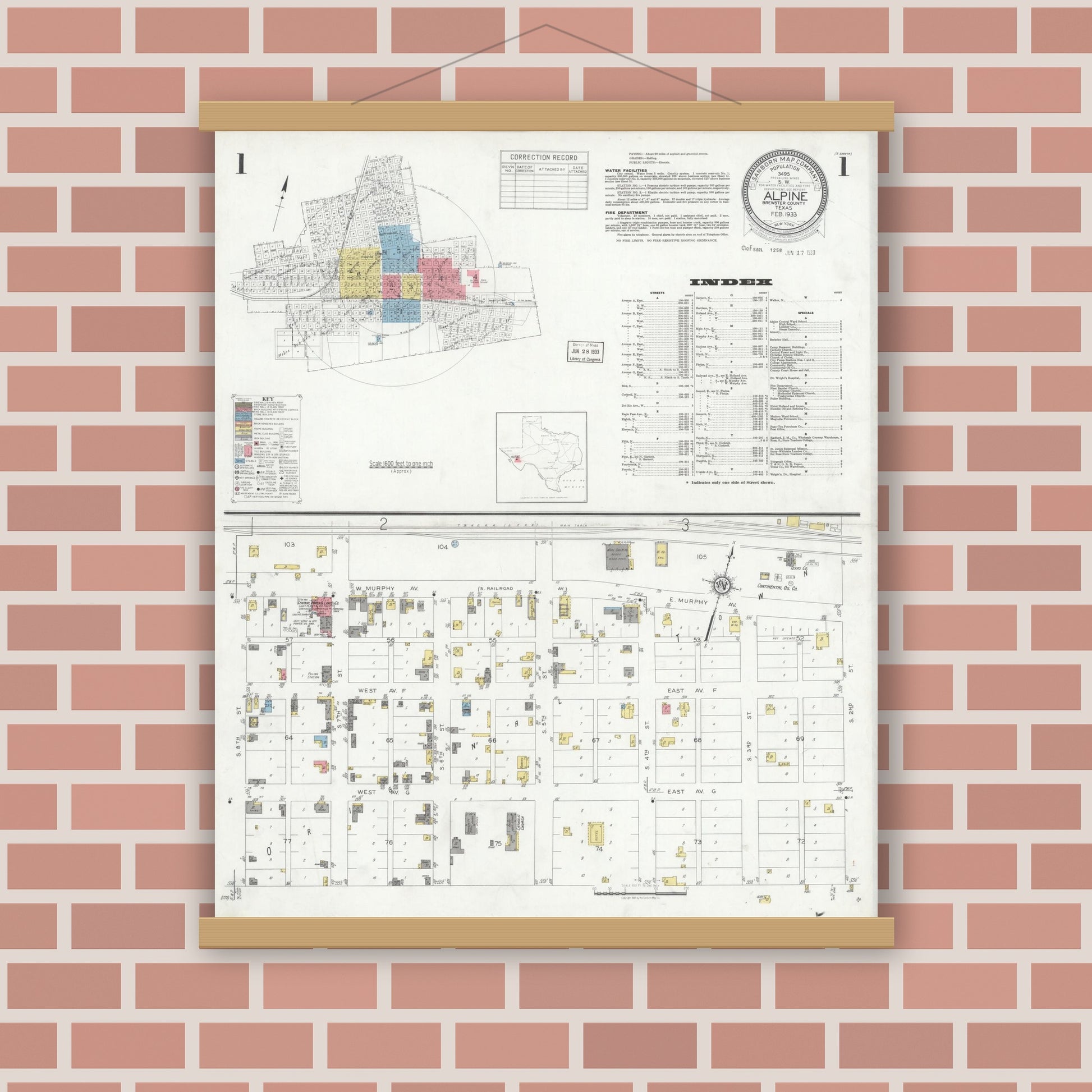 Old map wall art mockup — magnetic wood frame on brick wall — Sanborn Fire Insurance Map from Alpine, Brewster County, Texas (1933), Sheet #0001