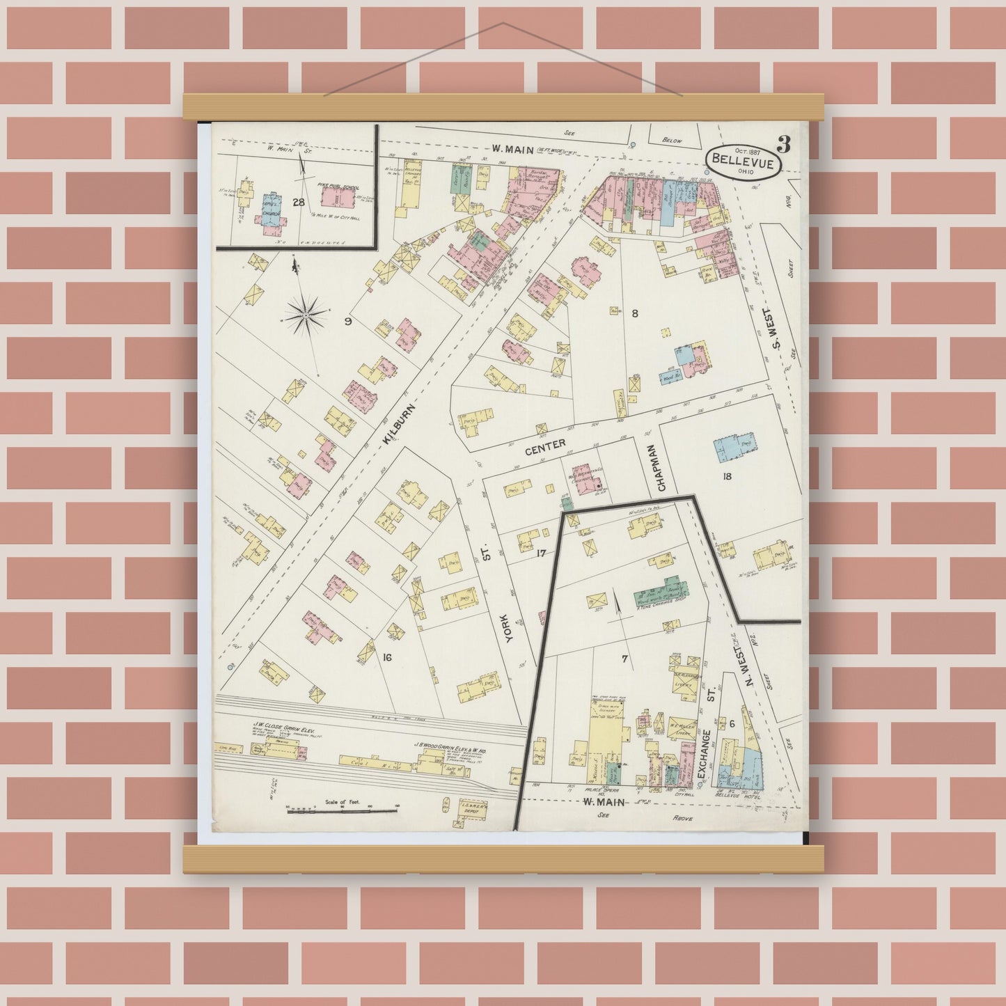Old map wall art mockup — magnetic wood frame on brick wall — Sanborn Fire Insurance Map from Bellevue, Huron And Sandusky County, Ohio (1887), Sheet #0003