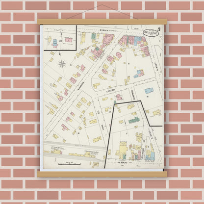 Old map wall art mockup — magnetic wood frame on brick wall — Sanborn Fire Insurance Map from Bellevue, Huron And Sandusky County, Ohio (1887), Sheet #0003