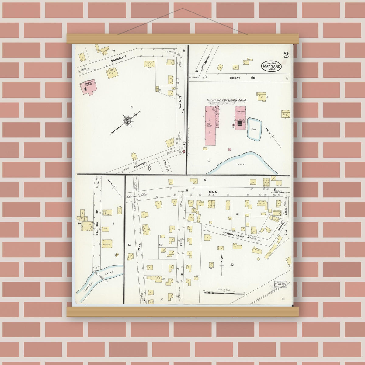 Old map wall art mockup — magnetic wood frame on brick wall — Sanborn Fire Insurance Map from Maynard, Middlesex County, Massachusetts (1910), Sheet #0002