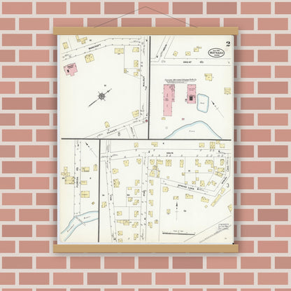 Old map wall art mockup — magnetic wood frame on brick wall — Sanborn Fire Insurance Map from Maynard, Middlesex County, Massachusetts (1910), Sheet #0002