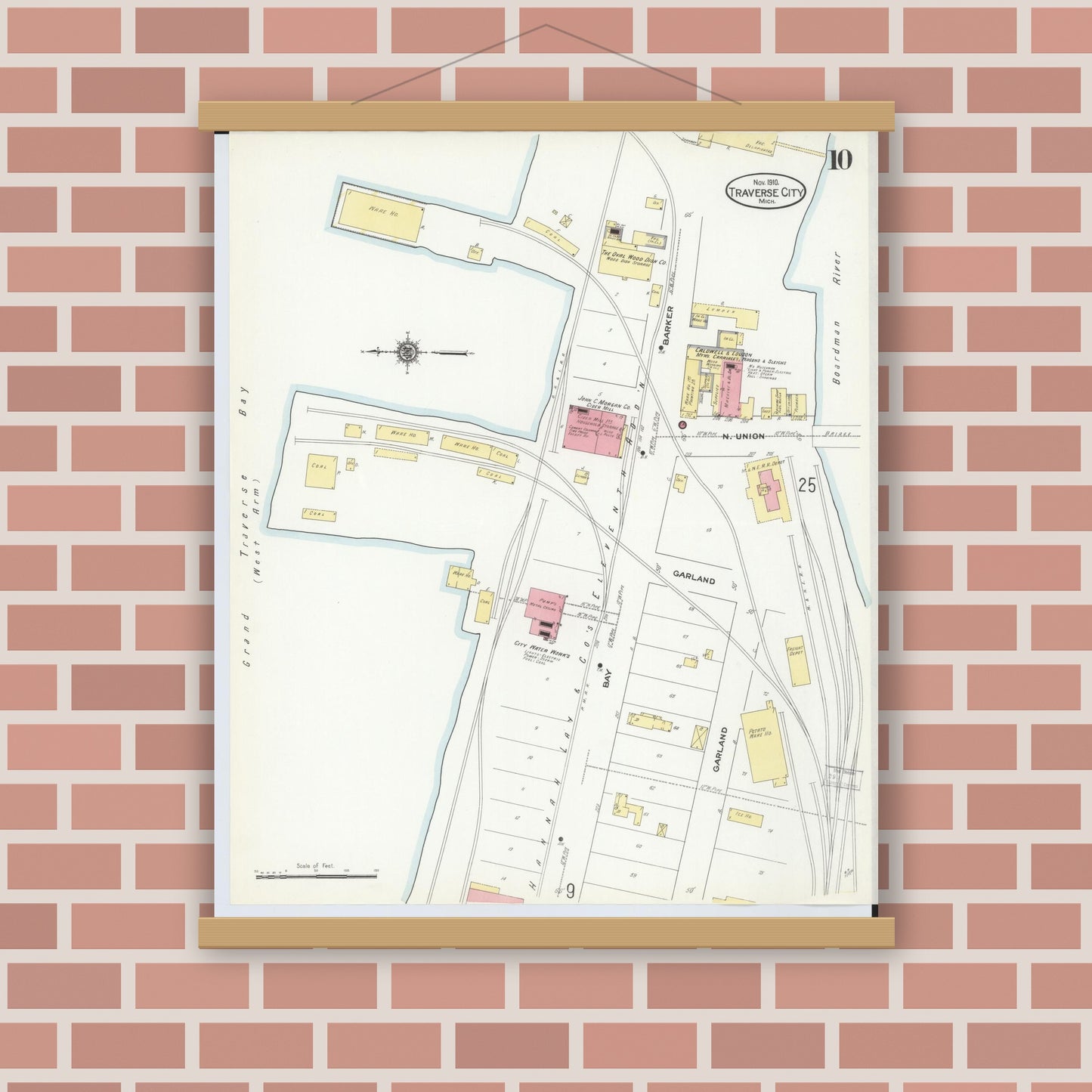 Old map wall art mockup — magnetic wood frame on brick wall — Sanborn Fire Insurance Map from Traverse City, Grand Traverse County, Michigan (1910), Sheet #0010