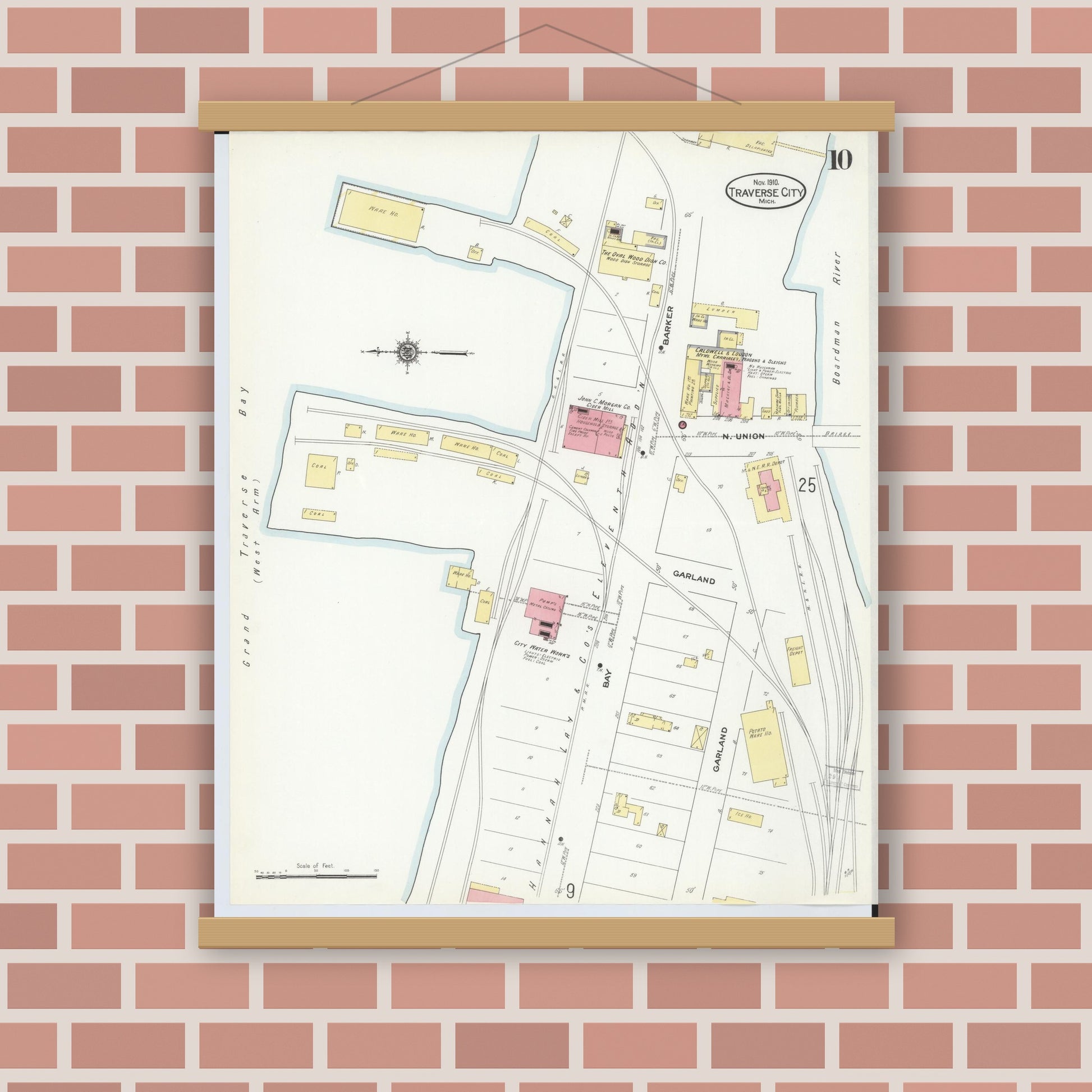 Old map wall art mockup — magnetic wood frame on brick wall — Sanborn Fire Insurance Map from Traverse City, Grand Traverse County, Michigan (1910), Sheet #0010