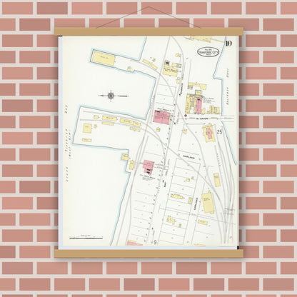 Old map wall art mockup — magnetic wood frame on brick wall — Sanborn Fire Insurance Map from Traverse City, Grand Traverse County, Michigan (1910), Sheet #0010