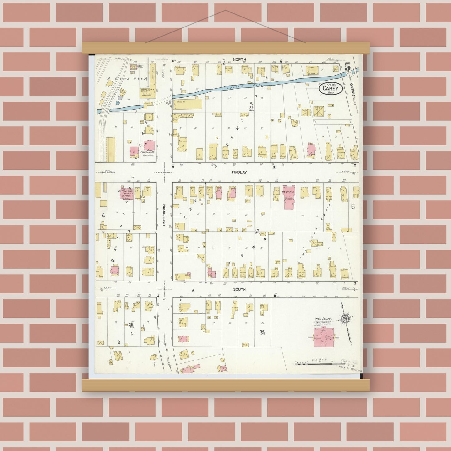 Old map wall art mockup — magnetic wood frame on brick wall — Sanborn Fire Insurance Map from Carey, Wyandot County, Ohio (1916), Sheet #0005