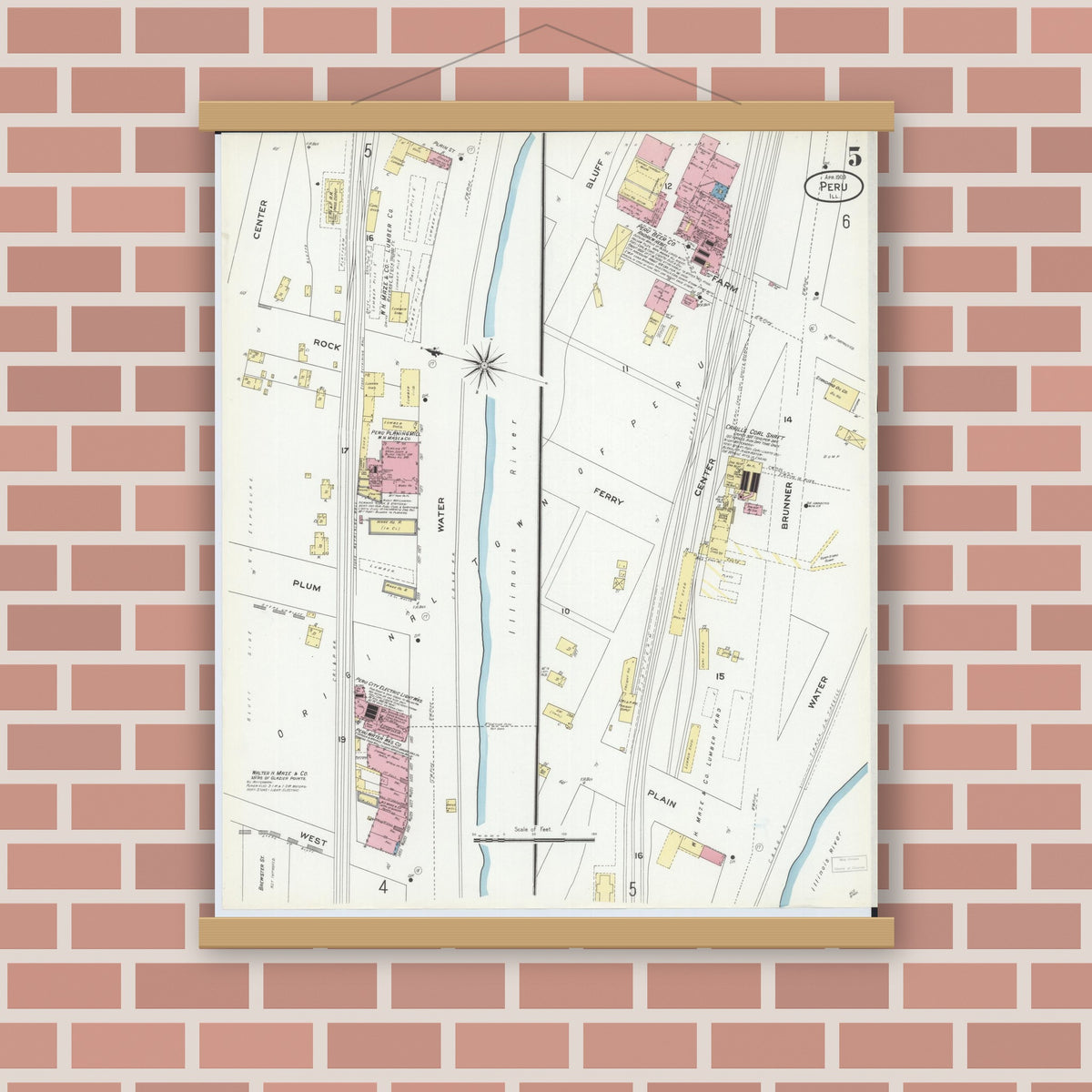 Old map wall art mockup — magnetic wood frame on brick wall — Sanborn Fire Insurance Map from Peru, La Salle County, Illinois (1909), Sheet #0005