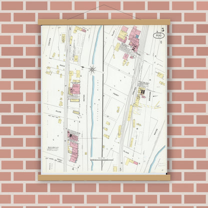 Old map wall art mockup — magnetic wood frame on brick wall — Sanborn Fire Insurance Map from Peru, La Salle County, Illinois (1909), Sheet #0005