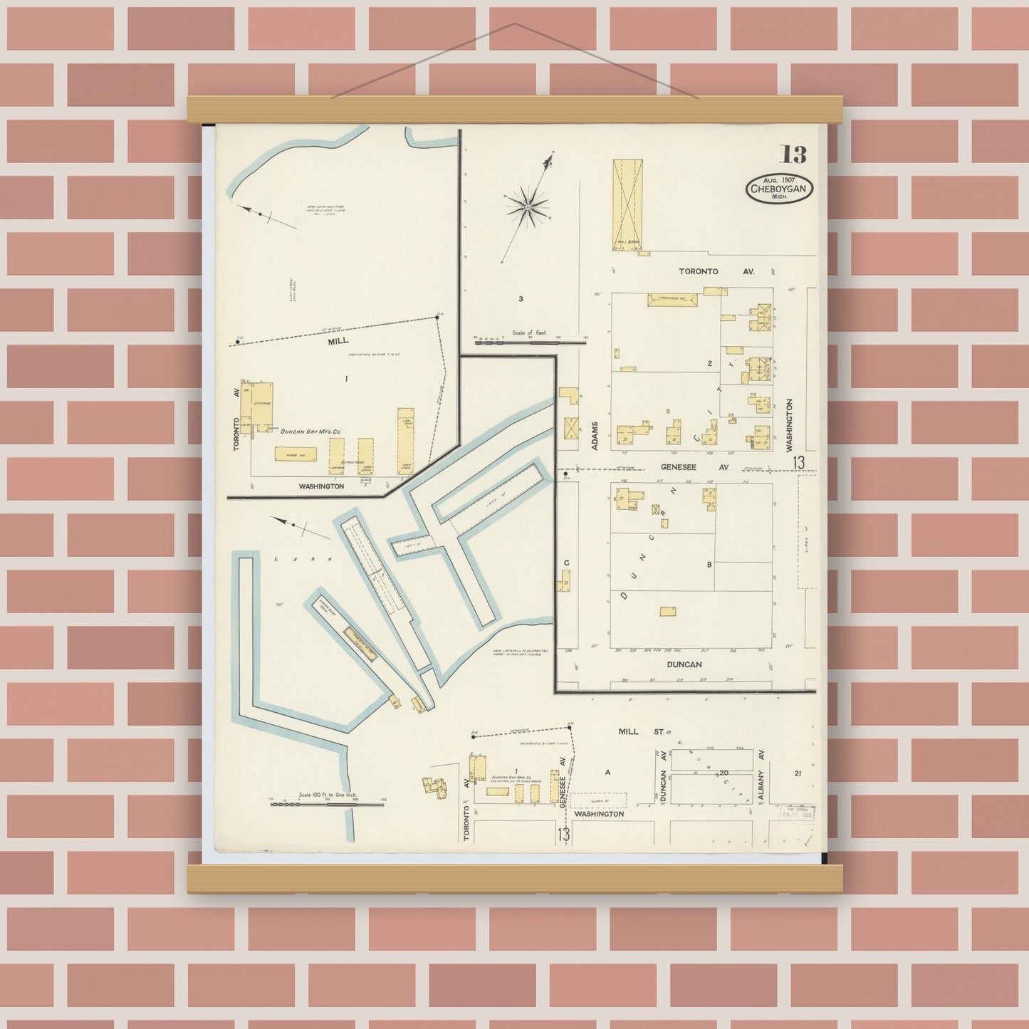 Old map wall art mockup — magnetic wood frame on brick wall — Sanborn Fire Insurance Map from Cheboygan, Cheboygan County, Michigan (1907), Sheet #0013