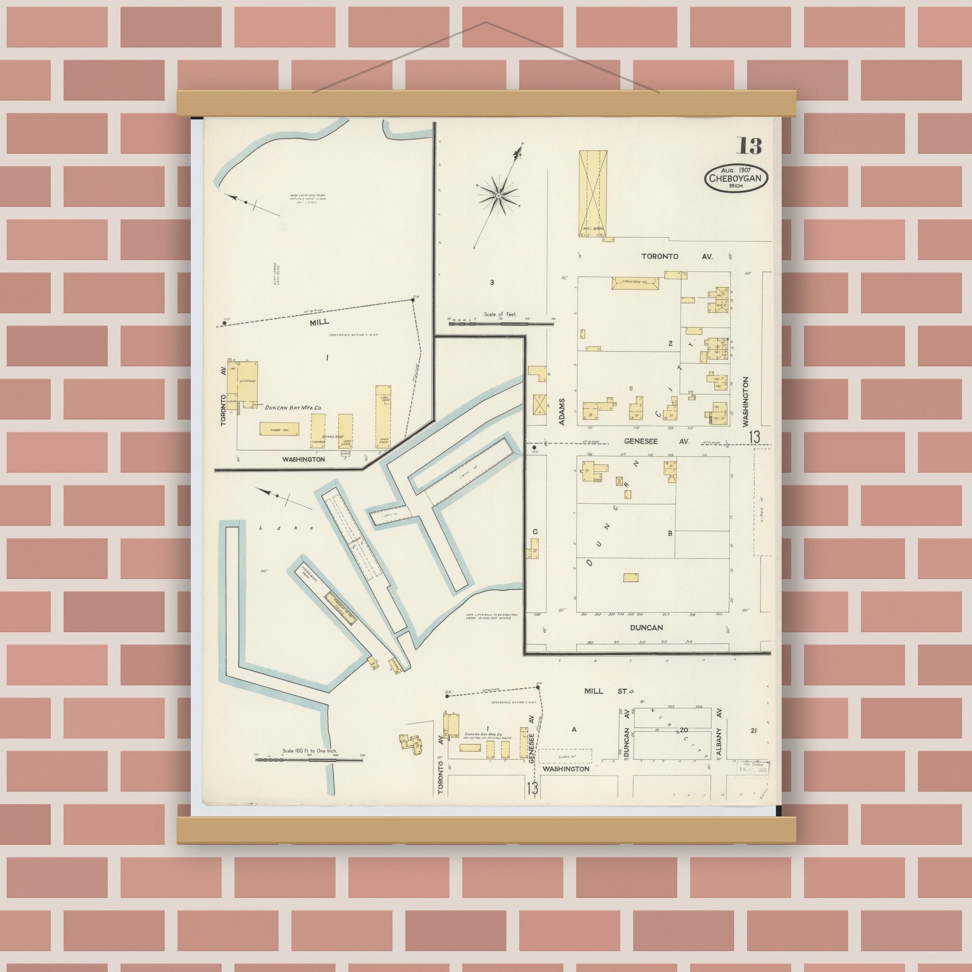 Old map wall art mockup — magnetic wood frame on brick wall — Sanborn Fire Insurance Map from Cheboygan, Cheboygan County, Michigan (1907), Sheet #0013