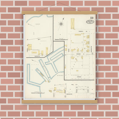 Old map wall art mockup — magnetic wood frame on brick wall — Sanborn Fire Insurance Map from Cheboygan, Cheboygan County, Michigan (1907), Sheet #0013