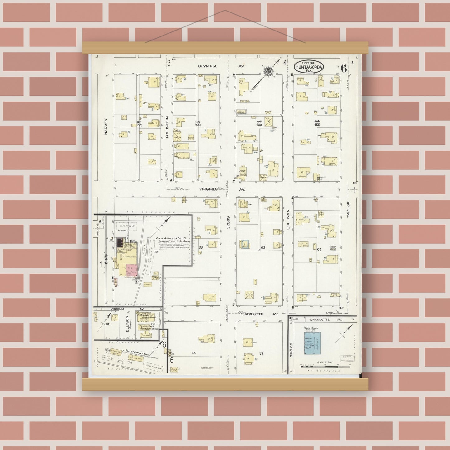 Old map wall art mockup — magnetic wood frame on brick wall — Sanborn Fire Insurance Map from Punta Gorda, Charlotte County, Florida (1914), Sheet #0006