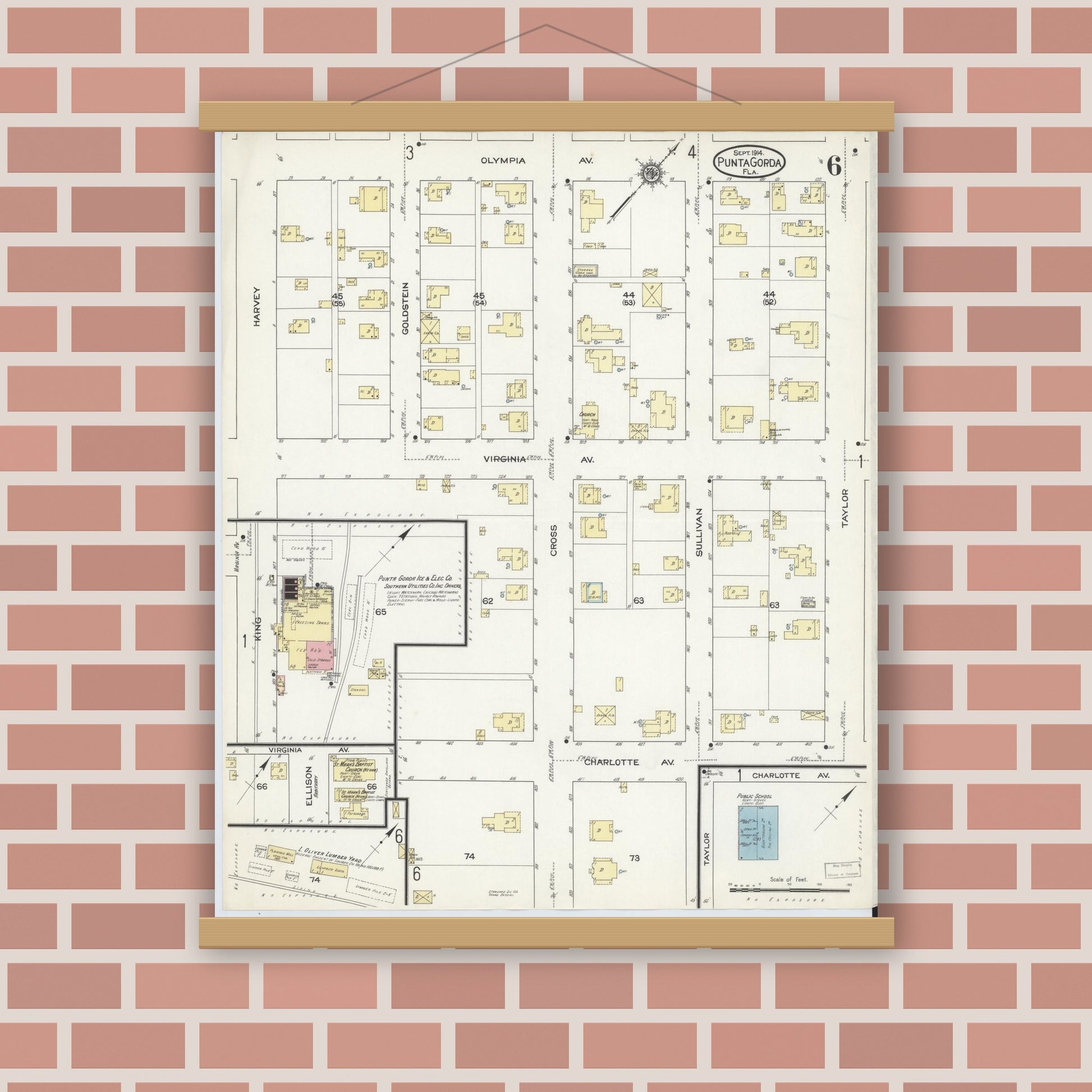 Old map wall art mockup — magnetic wood frame on brick wall — Sanborn Fire Insurance Map from Punta Gorda, Charlotte County, Florida (1914), Sheet #0006
