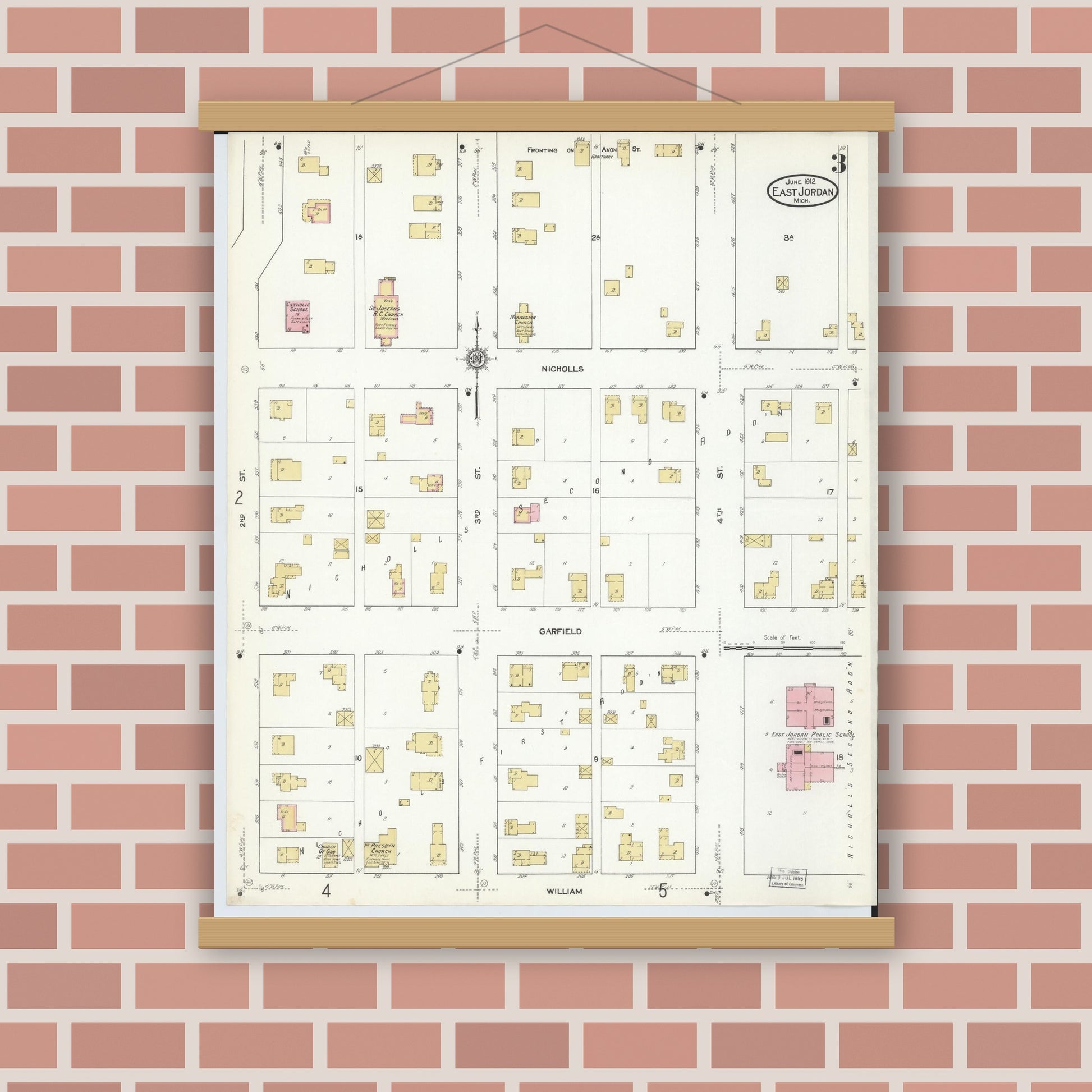 Old map wall art mockup — magnetic wood frame on brick wall — Sanborn Fire Insurance Map from East Jordan, Charlevoix County, Michigan (1912), Sheet #0003