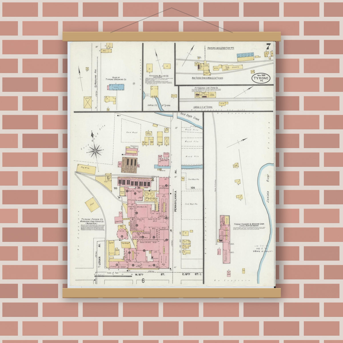 Old map wall art mockup — magnetic wood frame on brick wall — Sanborn Fire Insurance Map from Tyrone, Blair County, Pennsylvania (1906), Sheet #0007