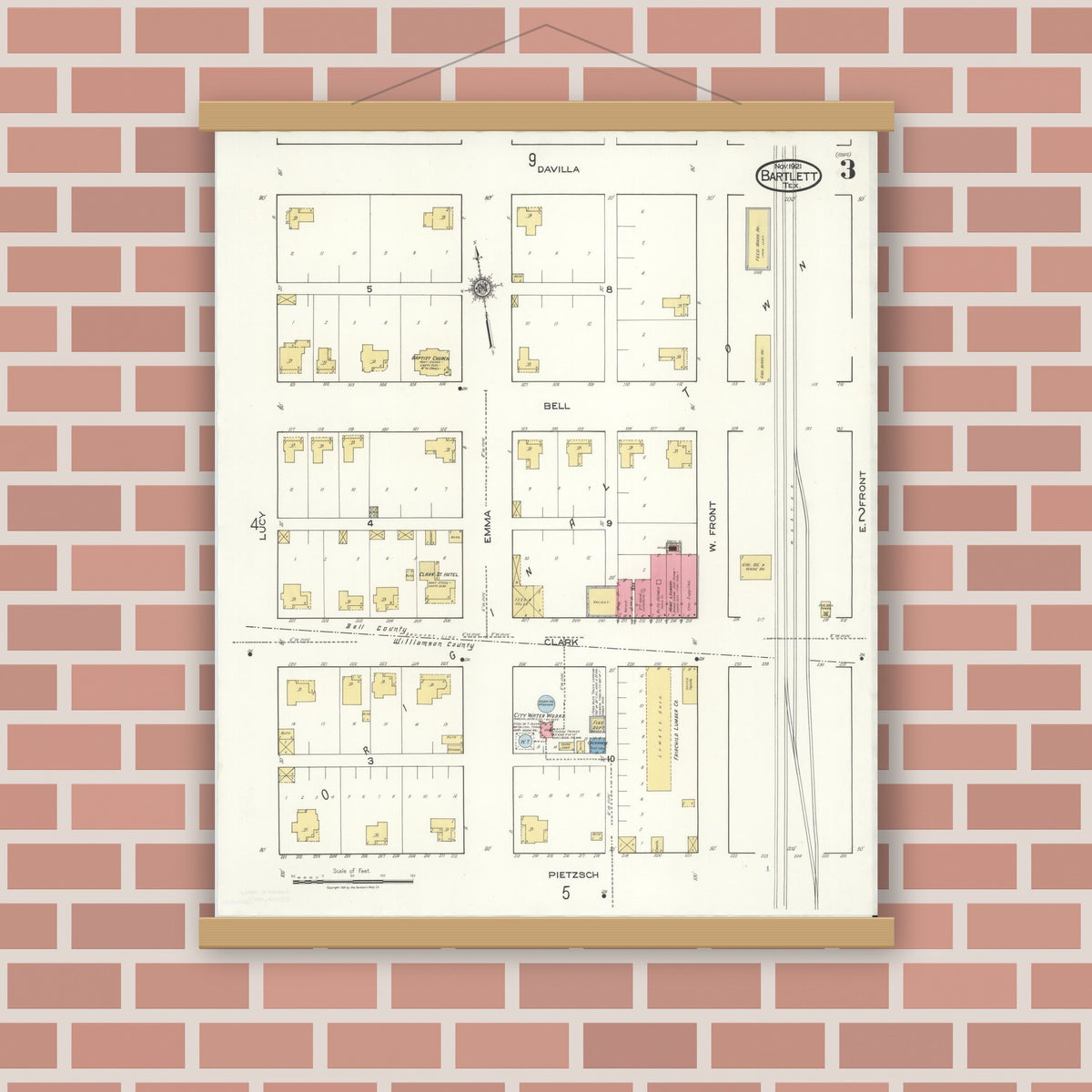 Old map wall art mockup — magnetic wood frame on brick wall — Sanborn Fire Insurance Map from Bartlett, Bell and Williamson Counties, Texas (1921), Sheet #0003