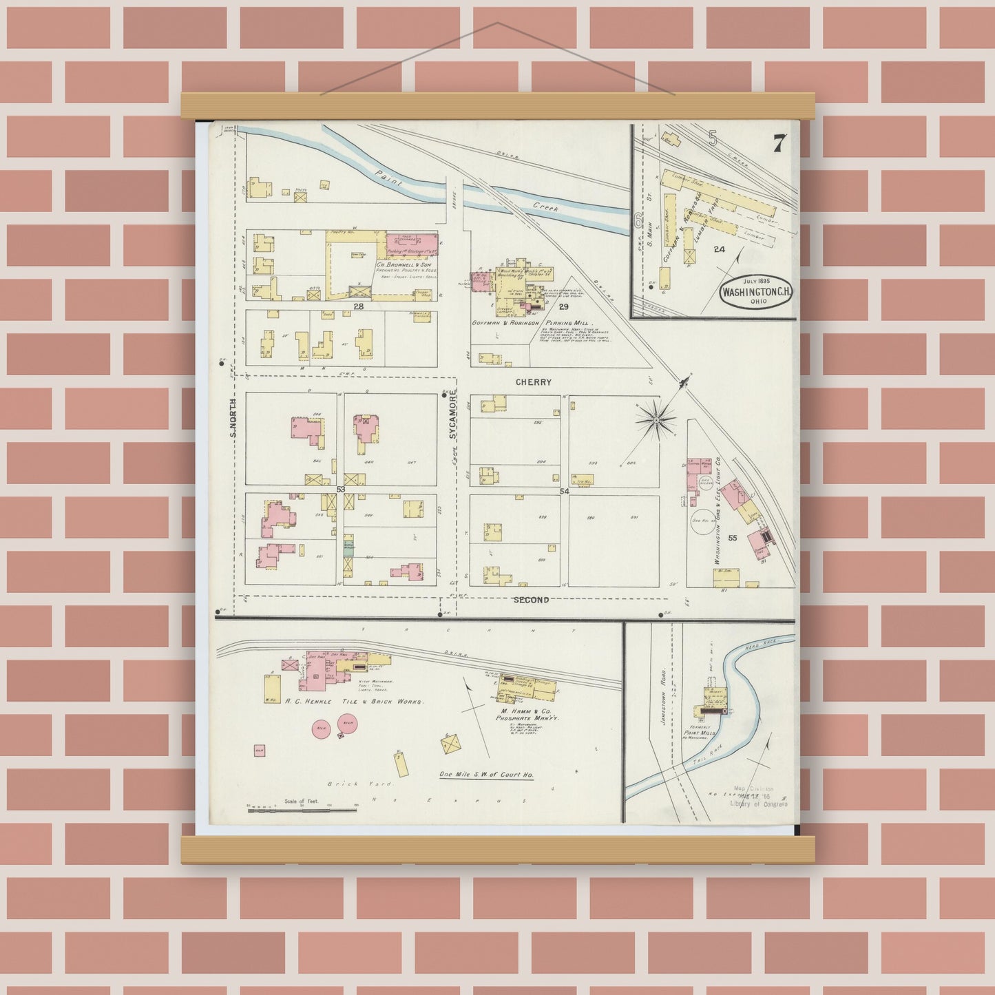 Old map wall art mockup — magnetic wood frame on brick wall — Sanborn Fire Insurance Map from Washington Court House, Fayette County, Ohio (1895), Sheet #0007
