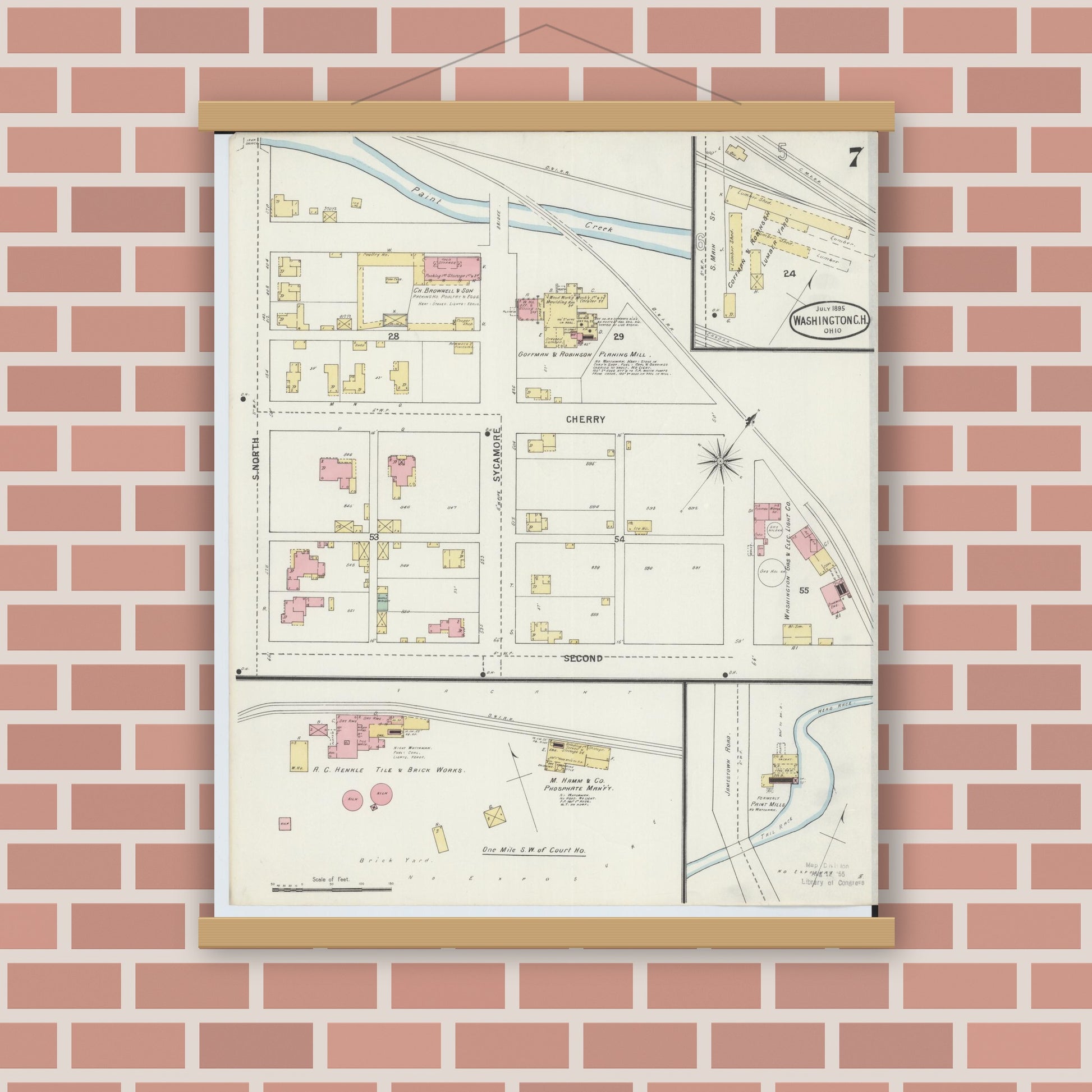 Old map wall art mockup — magnetic wood frame on brick wall — Sanborn Fire Insurance Map from Washington Court House, Fayette County, Ohio (1895), Sheet #0007