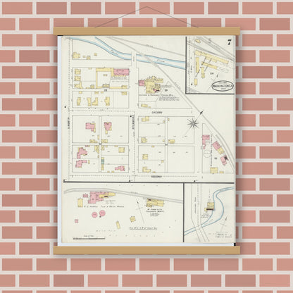 Old map wall art mockup — magnetic wood frame on brick wall — Sanborn Fire Insurance Map from Washington Court House, Fayette County, Ohio (1895), Sheet #0007