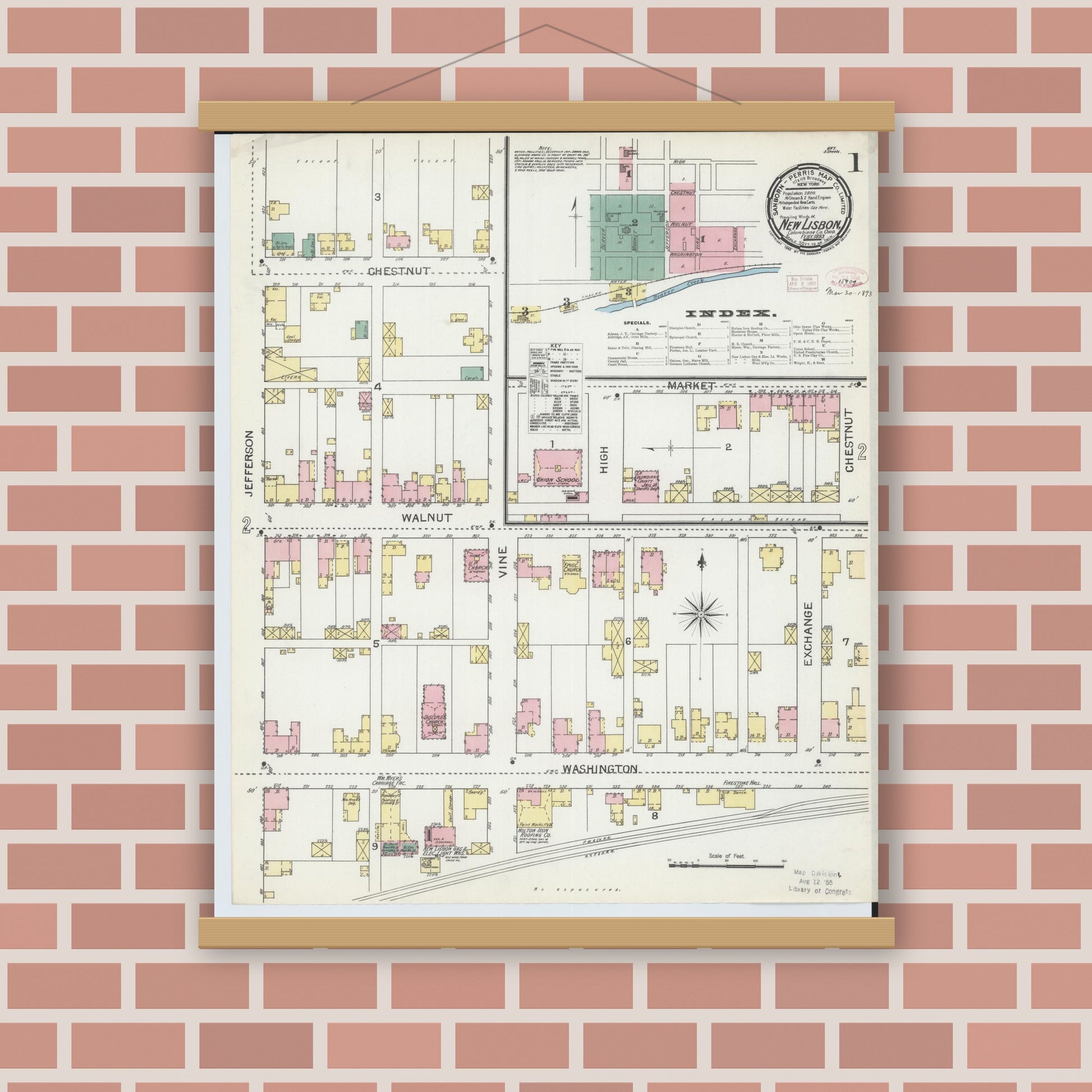 Old map wall art mockup — magnetic wood frame on brick wall — Sanborn Fire Insurance Map from New Lisbon, Columbiana County, Ohio (1893), Sheet #0001