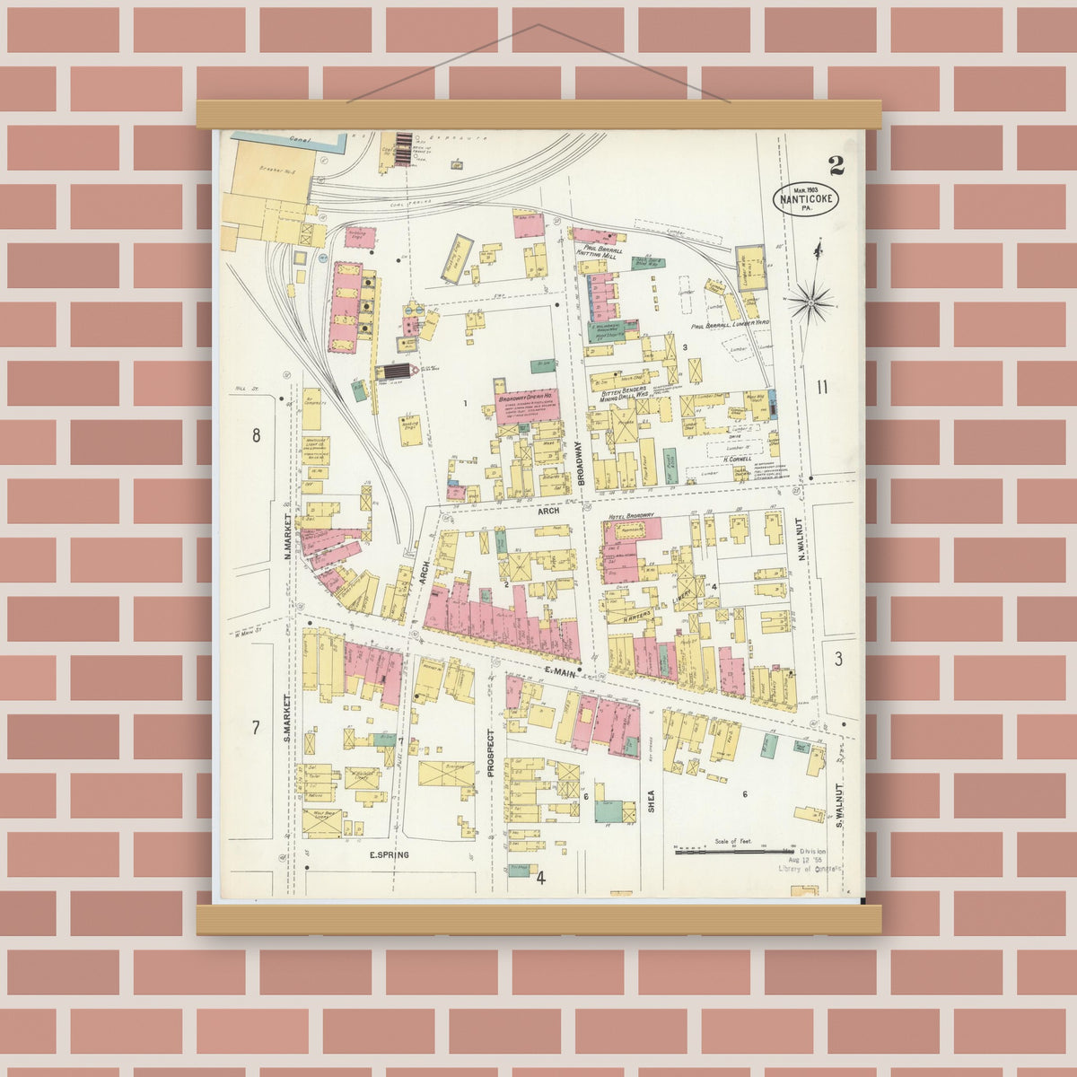 Old map wall art mockup — magnetic wood frame on brick wall — Sanborn Fire Insurance Map from Nanticoke, Luzerne County, Pennsylvania (1903), Sheet #0002