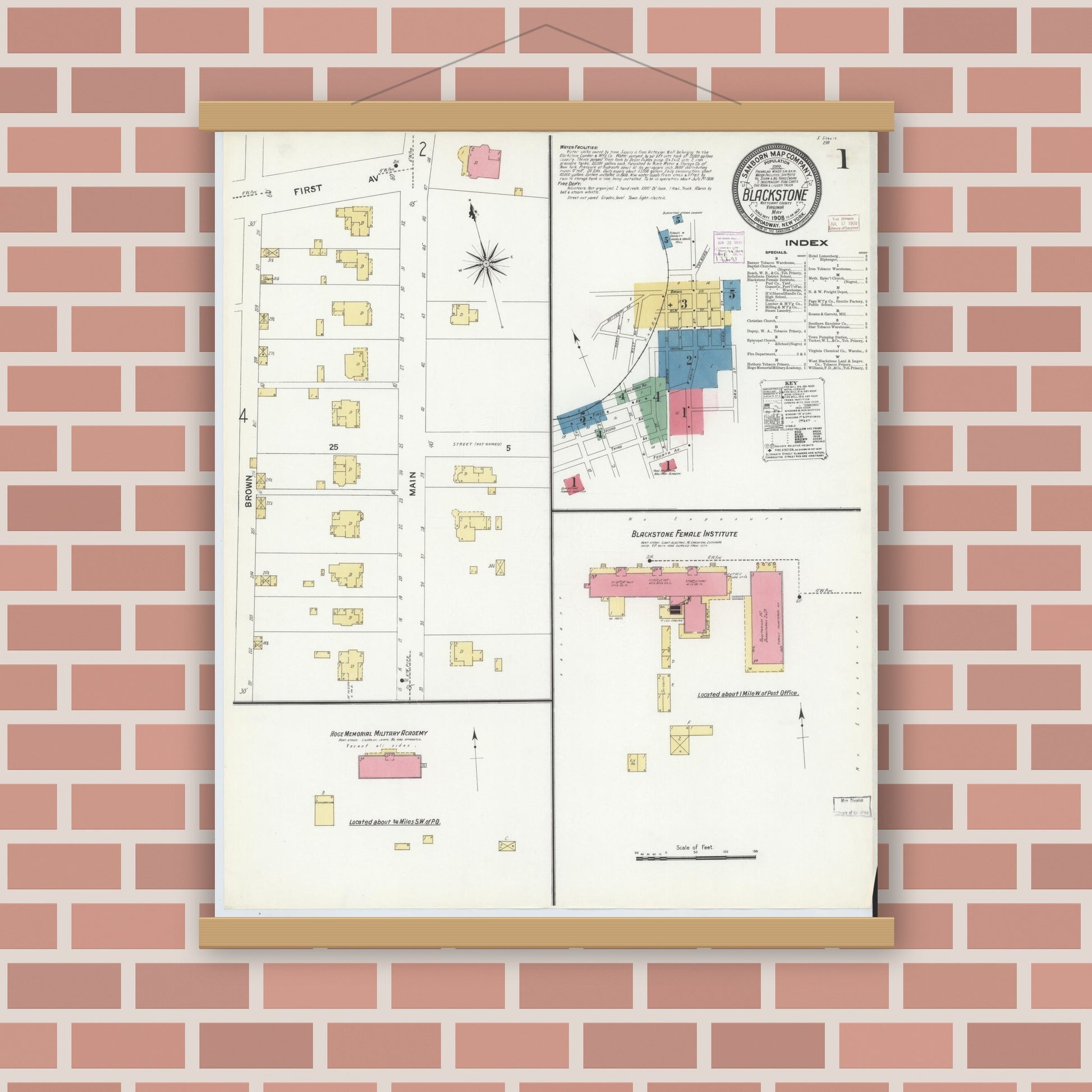 Old map wall art mockup — magnetic wood frame on brick wall — Sanborn Fire Insurance Map from Blackstone, Nottoway County, Virginia (1908) - Complete Map Set