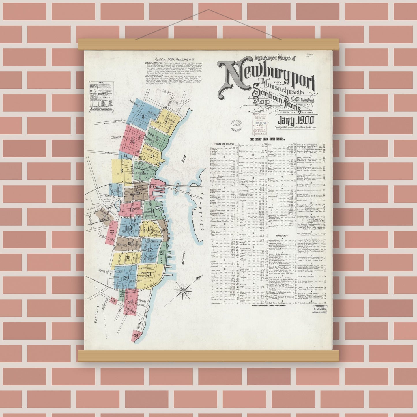 Old map wall art mockup — magnetic wood frame on brick wall — Sanborn Fire Insurance Map from Newburyport, Essex County, Massachusetts (1900), Sheet #0001