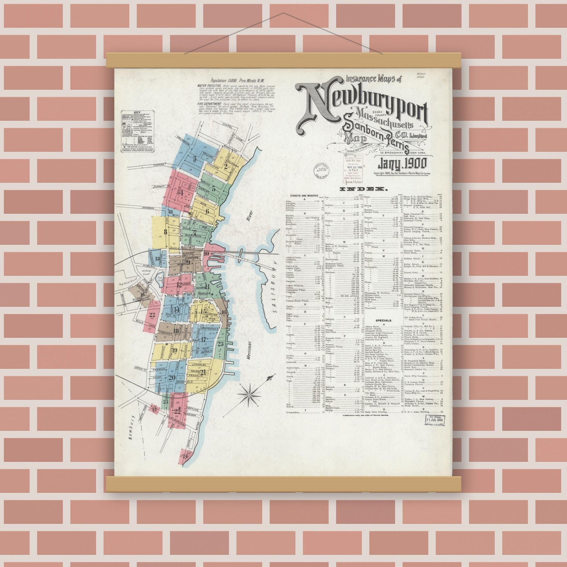 Old map wall art mockup — magnetic wood frame on brick wall — Sanborn Fire Insurance Map from Newburyport, Essex County, Massachusetts (1900), Sheet #0001