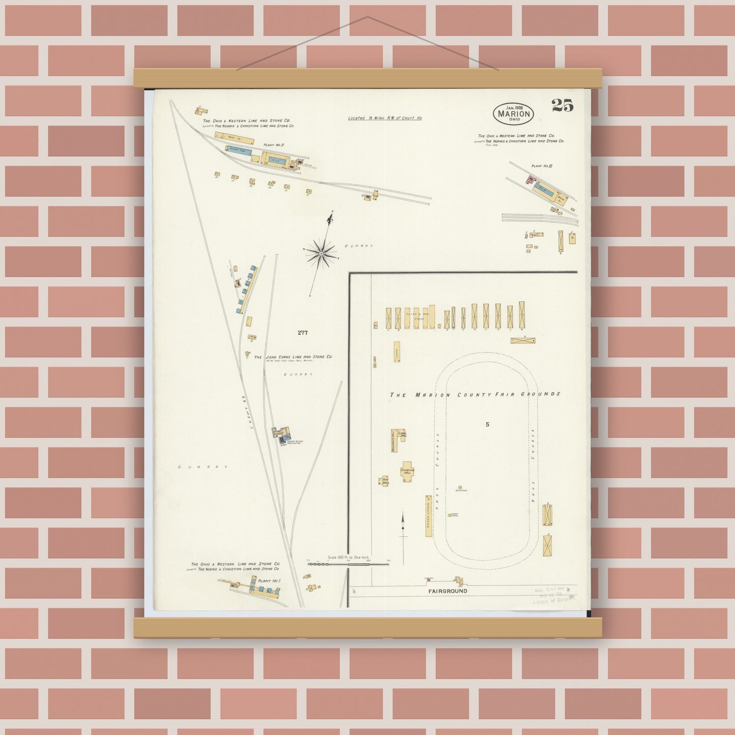 Old map wall art mockup — magnetic wood frame on brick wall — Sanborn Fire Insurance Map from Marion, Marion County, Ohio (1908), Sheet #0025