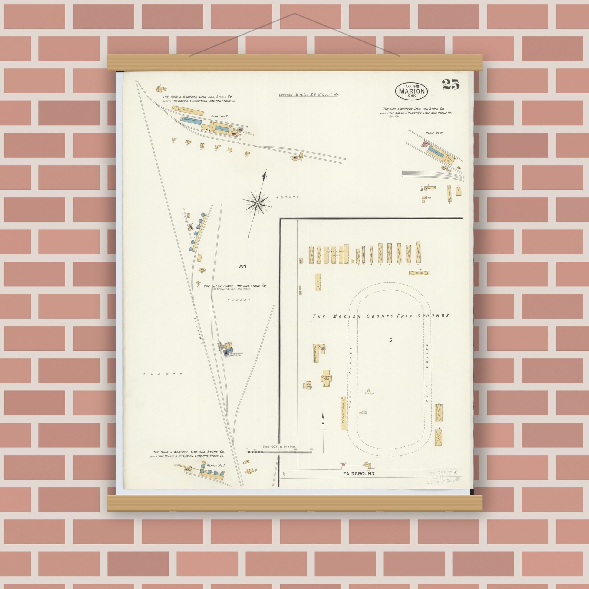 Old map wall art mockup — magnetic wood frame on brick wall — Sanborn Fire Insurance Map from Marion, Marion County, Ohio (1908), Sheet #0025